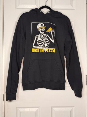 Rest In Pizza Graphic Skeleton Hoodie - Black with Yellow Accents
